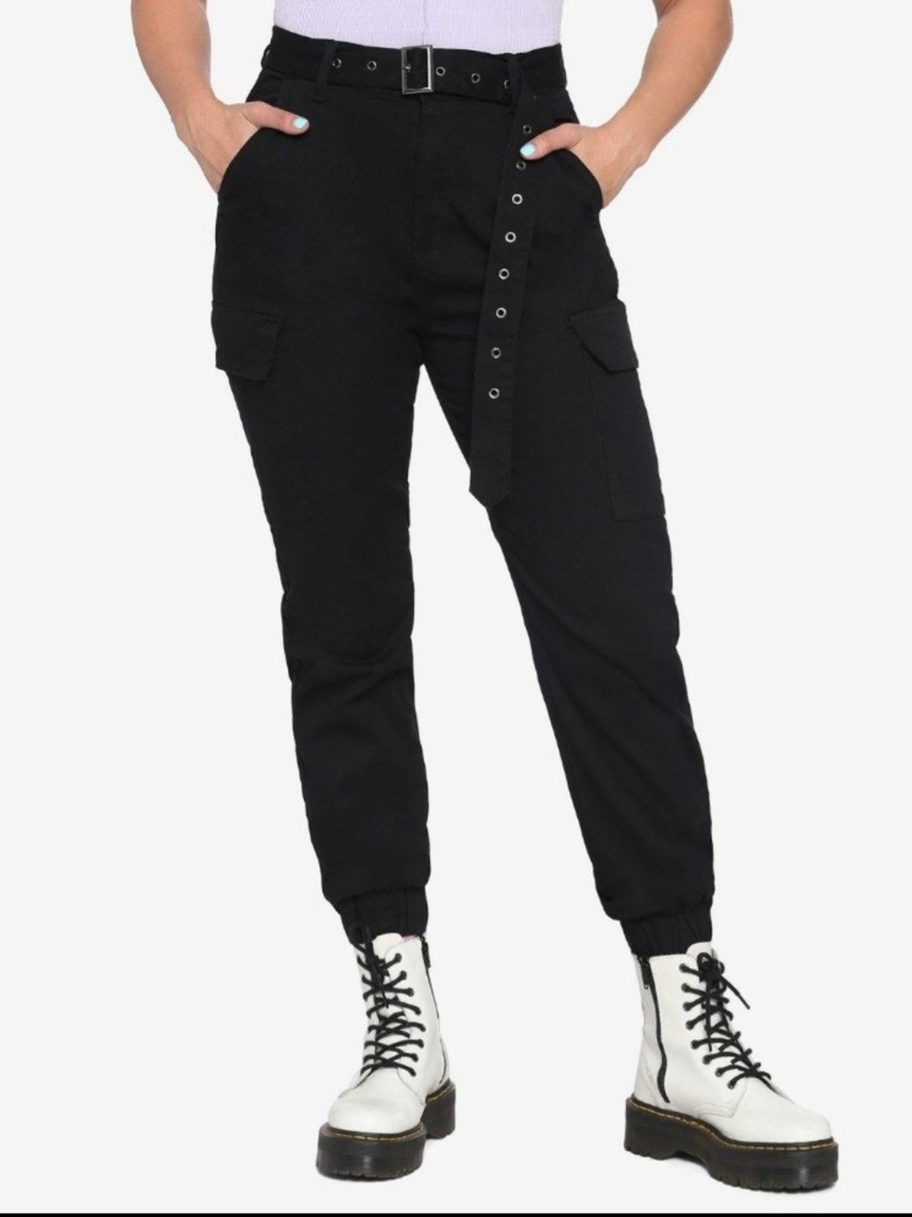 Hot Topic Black High-Waist Cargo Joggers with Grommet Belt